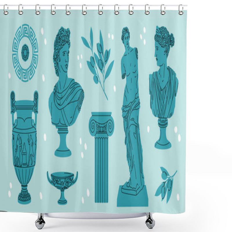 Personality  Various Antique Statues. Heads Of Woman. Branch, Amphora, Hand. Mythical, Ancient Greek Style. Isolated Elements Shower Curtains