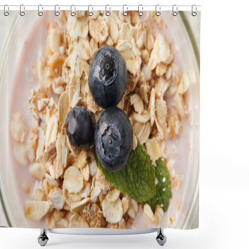 Personality  Close Up View Of Pudding Dessert With Blueberries, Oatmeal And Mint Shower Curtains