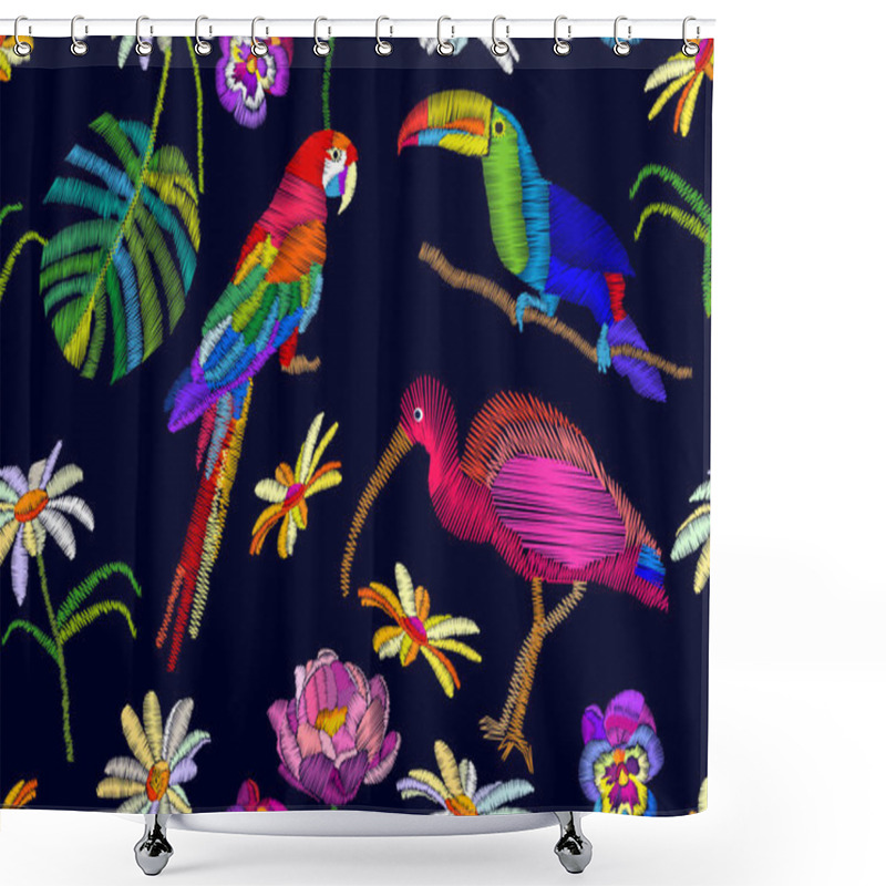 Personality  Seamless Vector Pattern With Embroidered Parrot, Toucan And Ibis. Shower Curtains