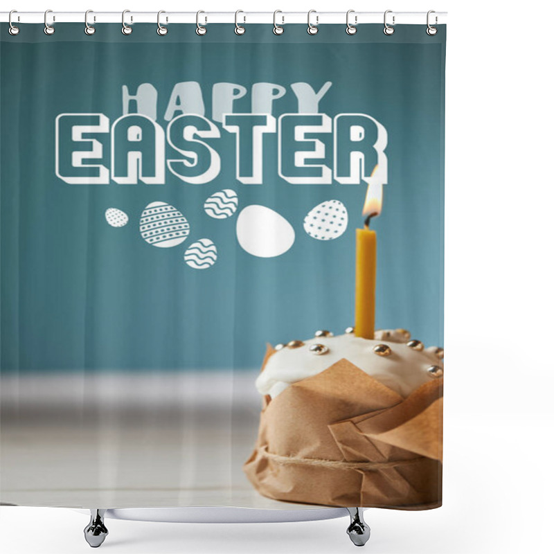 Personality  Traditional Easter Cake With Burning Candle In Paper On Blue Background With Happy Easter Lettering Shower Curtains