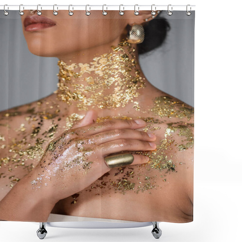 Personality  Cropped View Of African American Woman With Accessories Touching Golden Foil On Chest Isolated On Grey  Shower Curtains