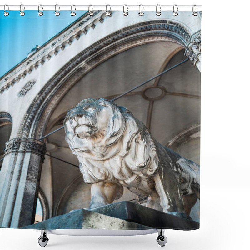 Personality  A Magnificent Stone Lion Statue In Munich Stands Prominently Beneath Intricate Arches, Showcasing Classical Grandeur And Exemplary Artistic Craftsmanship In A Historic, Architectural Setting. Shower Curtains