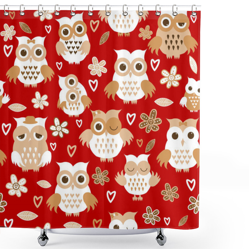 Personality  Cartoon Owls Over Red Background. Seamless Pattern With Owls And Flowers Shower Curtains