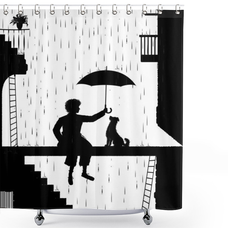 Personality  Take Care The Dog, Swagman Holding The Umbrella Above The Dog, My Friend Dog, Black And White, Shadow, Shower Curtains