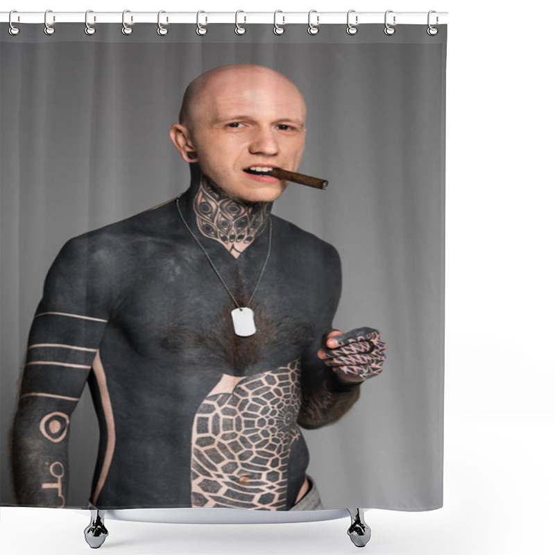 Personality  Confident Bare-chested Man With Tattoos Smoking Cigar And Looking At Camera Isolated On Grey Shower Curtains