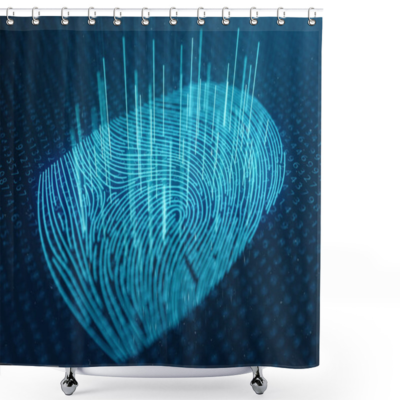 Personality  3D Illustration Fingerprint Scan Provides Security Access With Biometrics Identification. Concept Fingerprint Protection. Finger Print With Binary Code. Concept Of Digital Security Shower Curtains