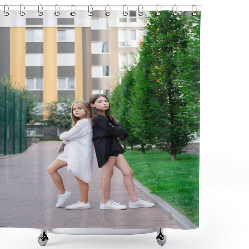 Personality  Sisterhood. Two Sisters Or Friends Spending Time Outdoors On Sunny Summer Day. Bff, Sibling, Girlfriend. Millennial Teen. Shower Curtains