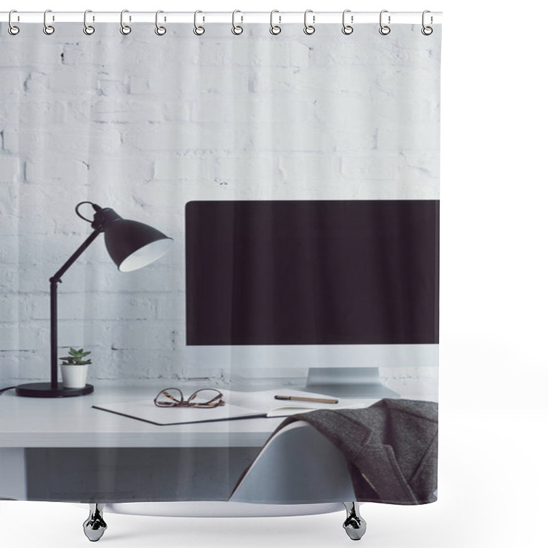 Personality  Computer And Glasses On Notebook On Table In Modern Office  Shower Curtains