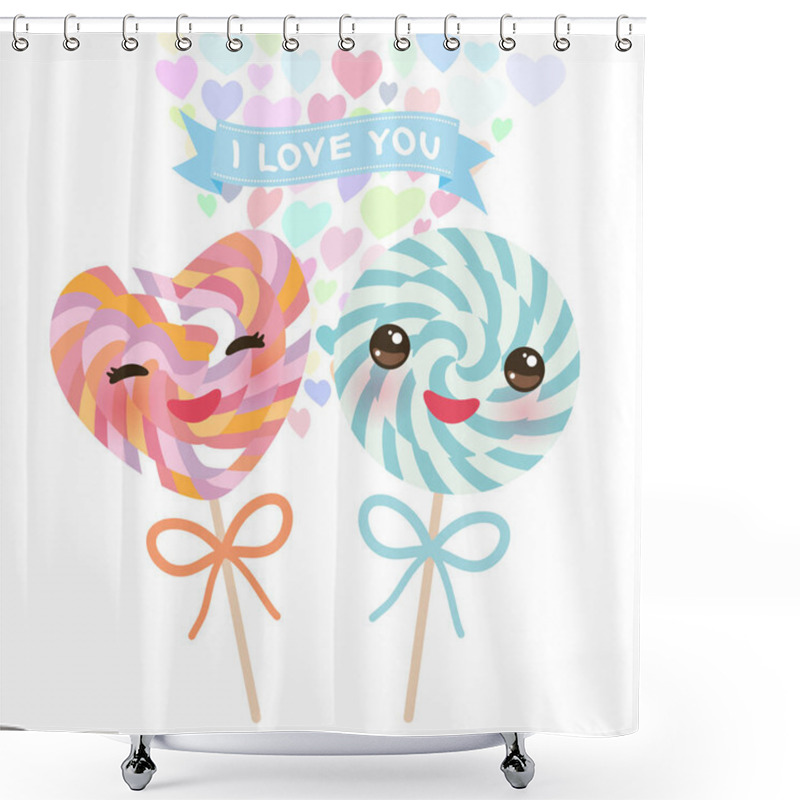 Personality  I Love You Card Design With Kawaii Heart Shaped Candy Lollipop With Pink Cheeks And Winking Eyes, Pastel Colors On White Background. Vector Illustration Shower Curtains