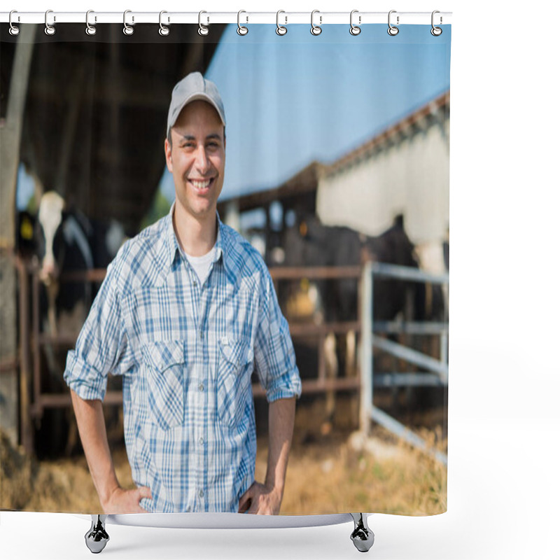 Personality  Farmer In Front Of His Cows Shower Curtains