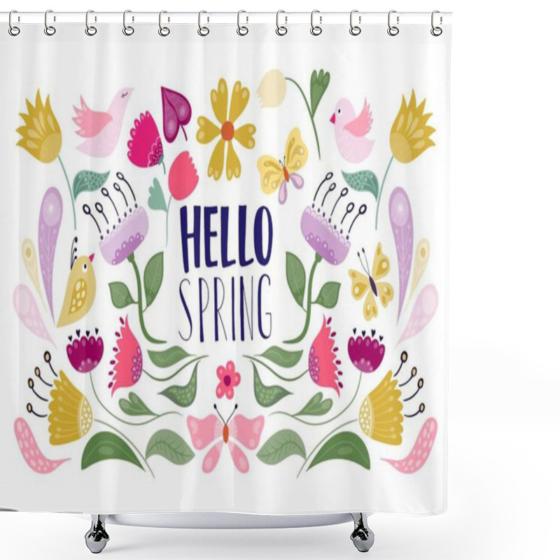 Personality  Hello Spring Banner, Poster, Background With Seasonal Design, Floral Elements, Flowers And Birds, Decorative Doodle Style Shower Curtains