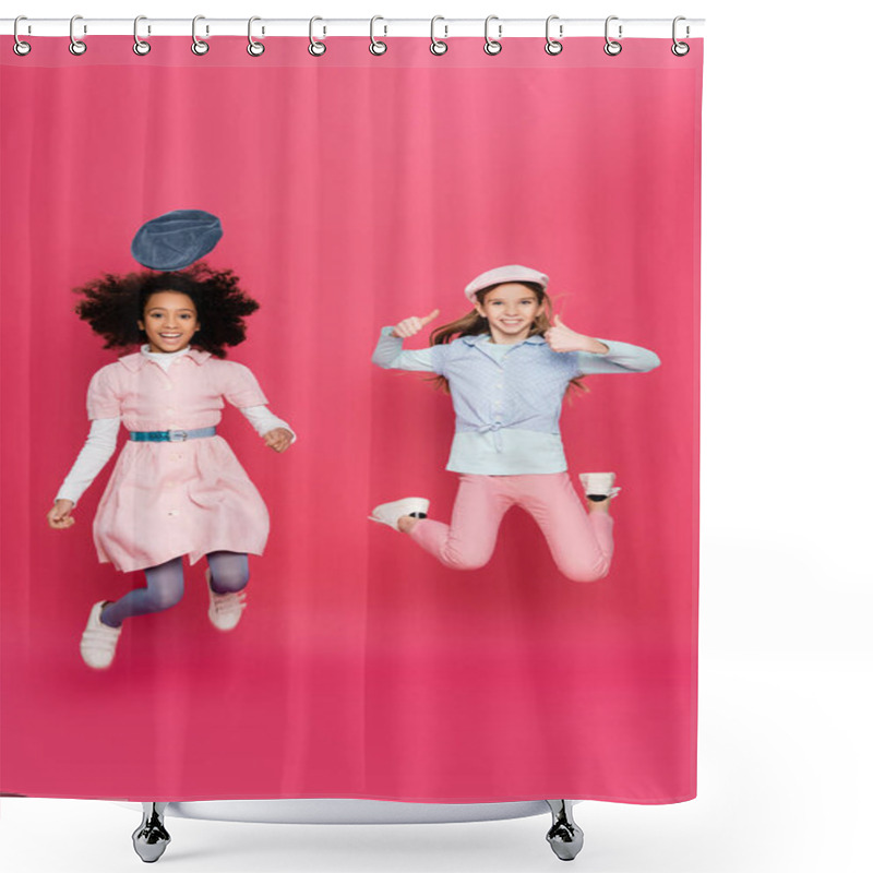 Personality  Excited Interracial Girls In Stylish Spring Outfit Levitating On Pink Shower Curtains