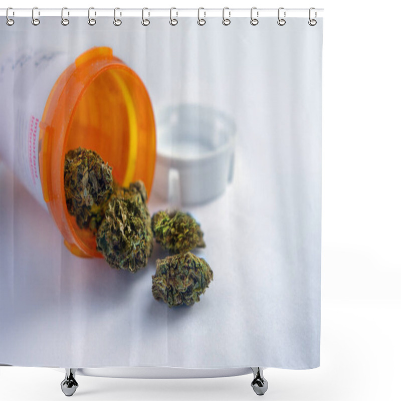 Personality  Medical Marijuana C. Medical Marijuana Pouring Out Of A Prescription Bottle Against White. Shower Curtains