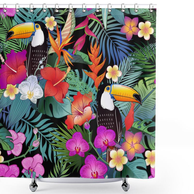 Personality  Beautiful Tropical Exotic Parrot Birds And Jungle Flowers. Vector Seamless Pattern.  Shower Curtains