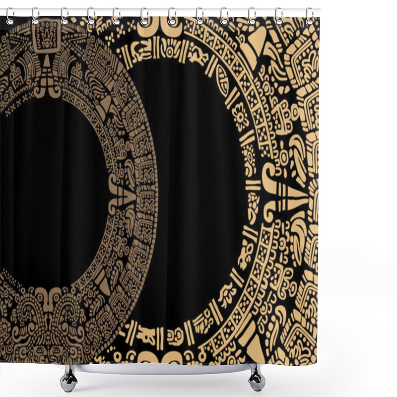 Personality  Rounded Frames Made Of Symbols Of The Mayan Calendar. Abstract Design With An Ancient Mayan Ornament. Images Of Characters Of Ancient American Indians.The Aztecs, Mayans, Incas. Ancient Signs Of America On A Black Background.  Shower Curtains