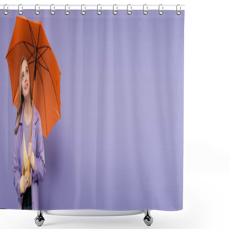 Personality  Dreamy Young Woman In Trench Coat Standing Under Orange Umbrella On Purple, Banner Shower Curtains