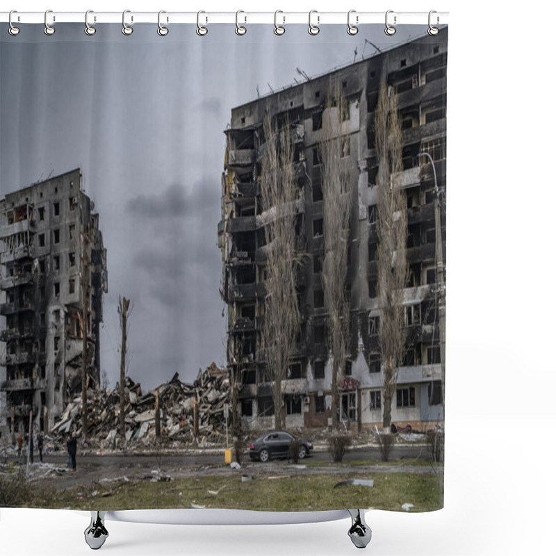 Personality  Borodyanka, Kyiv Region, Ukraine - 5 April 2022. City After Bombing, Civilian Buildings Burnt Destroyed By Russian Occupiers Shower Curtains