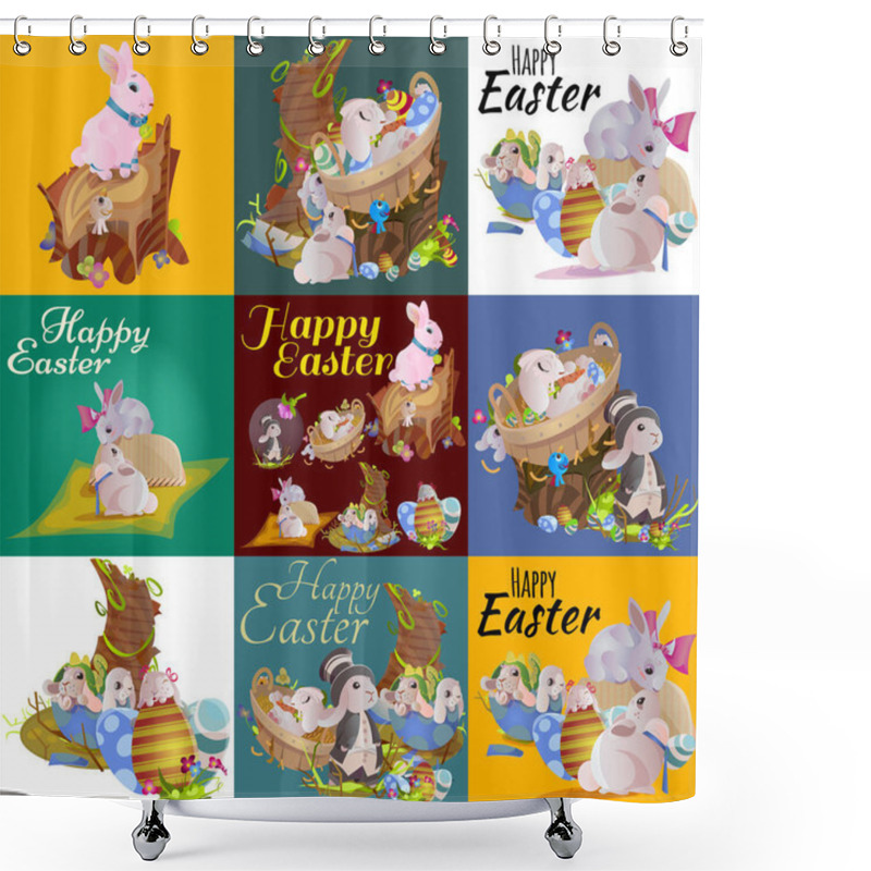 Personality  Set Of Easter Egg Hunt Bunny Basket On Green Grass Decorated Flowers, Cute Rabbit Funny Ears, Happy Spring Season Holiday Tradition Greeting Card Or Banner Collection Vector Illustration Background Shower Curtains