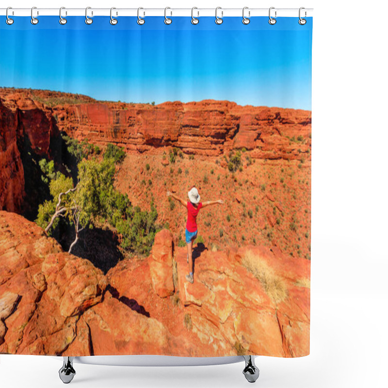 Personality  Hiking Woman With Open Arms At The Edge Of Kings Canyon. Enjoying In Red Center Outback. Sandstone Formations In Watarrka National Park. King Canyon Rim Walk At Sunset. Northern Territory Of Australia Shower Curtains