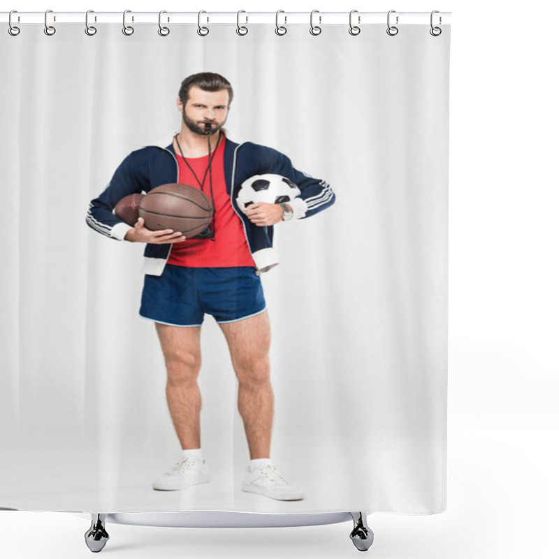 Personality  Sportive Coach With Whistle Holding Rugby, Basketball And Football Balls, Isolated On White Shower Curtains