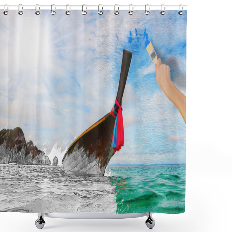 Personality  Longtail Boat On The Sea Tropical Beach Shower Curtains