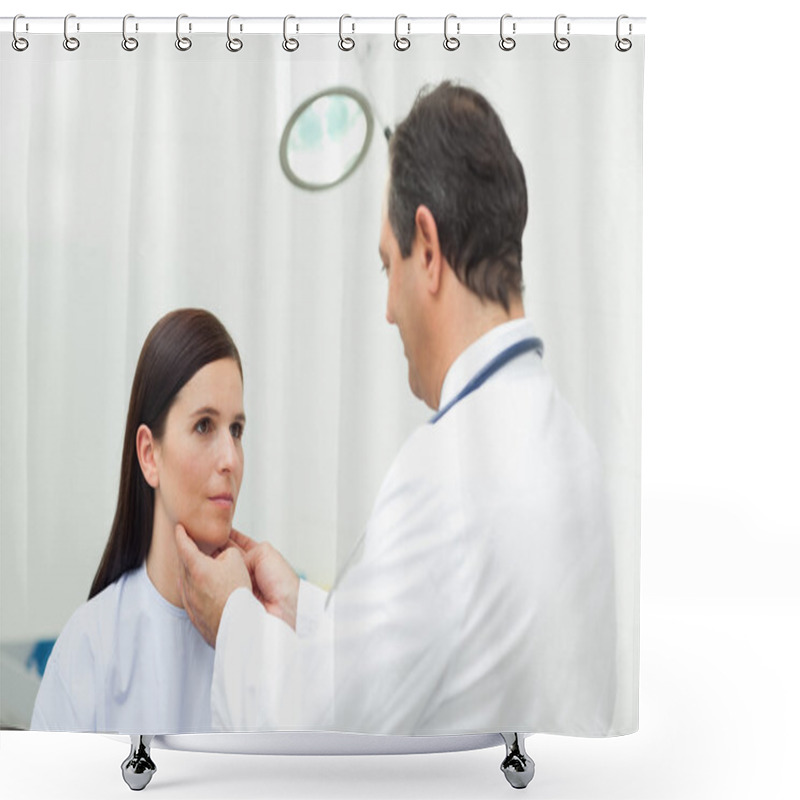 Personality  Doctor Auscultating The Neck Of His Patient Shower Curtains