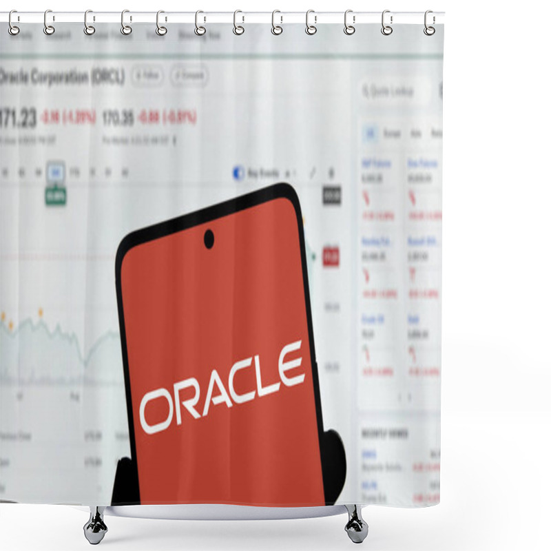 Personality  Dhaka, Bangladesh- 17 Dec 2024: Oracle Logo Is Diaplayed On Smartphone. Oracle Corporation Is An American Multinational Computer Technology Company. Shower Curtains