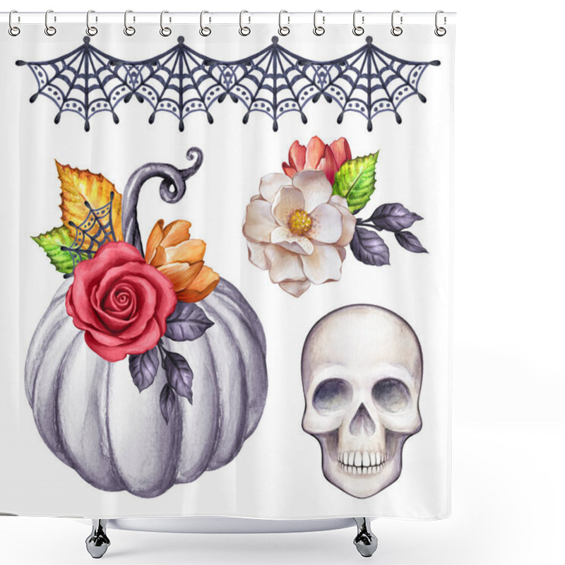 Personality  Watercolor Halloween Illustration, Thanksgiving Set, Floral Pumpkin, Skull, Autumn Design Elements, Fall, Holiday Clip Art Isolated On White Background Shower Curtains