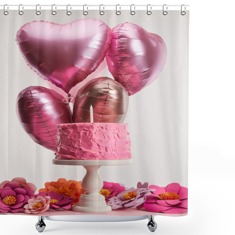 Personality  Tasty Pink Birthday Cake With Candle On Cake Stand Near Paper Flowers And Heart-shaped Air Balloons On Grey Shower Curtains