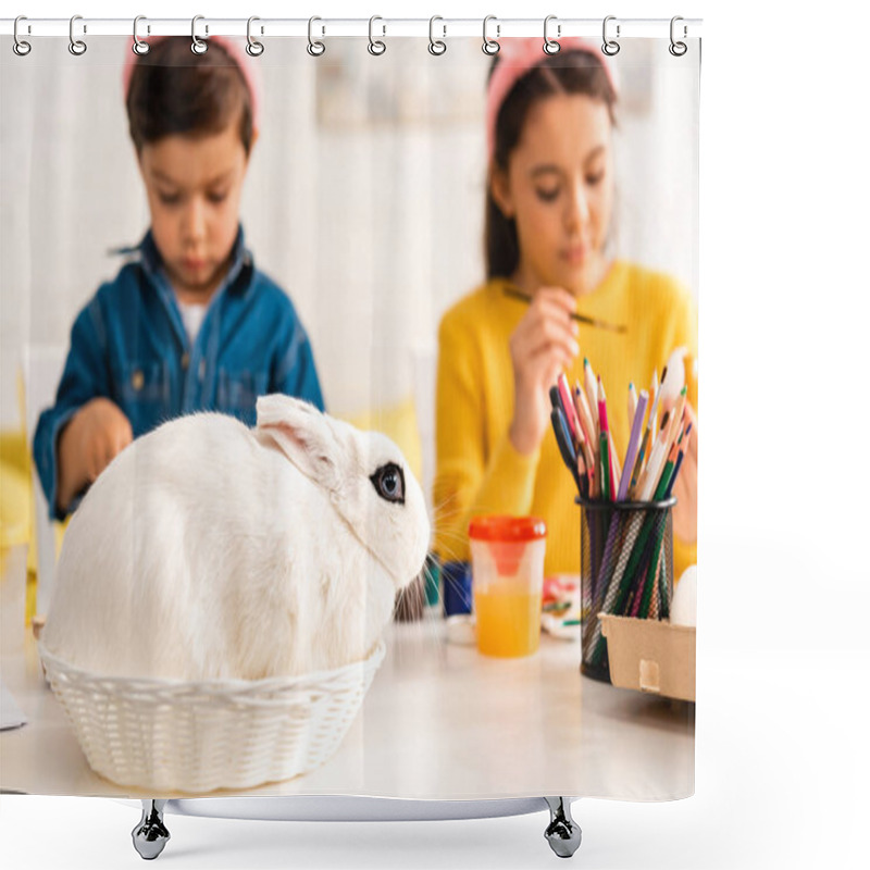 Personality  Selective Focus Of Adorable Kids Painting Easter Eggs While Sitting At Desk Near White Rabbit In Wicker Shower Curtains