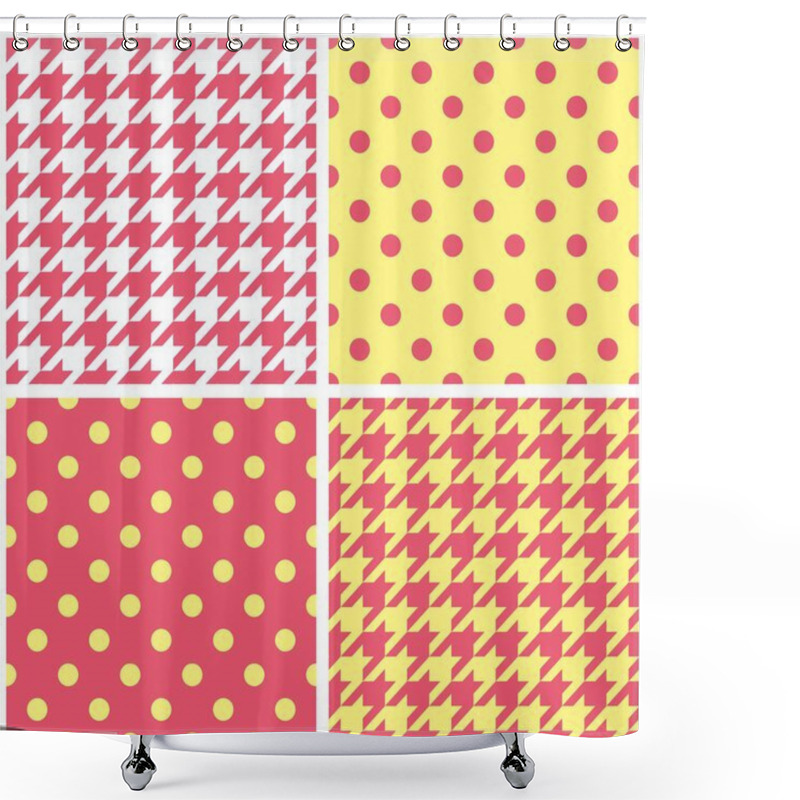 Personality  Houndstooth Tartan And Polka Dots Seamless Pastel Yellow, Pink And White Vector Pattern Set. Shower Curtains