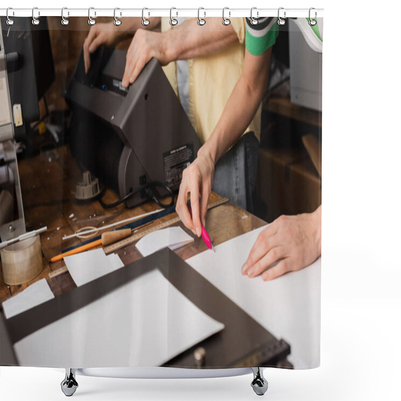 Personality  Cropped View Of Typographer Cutting Paper With Knife Near Colleague In Print Center  Shower Curtains