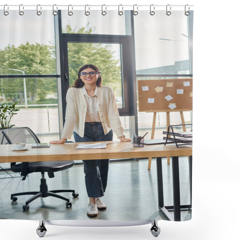 Personality  A Businesswoman Stands Confidently In A Modern Office, In Front Of A Desk, Embodying The Franchise Concept. Shower Curtains