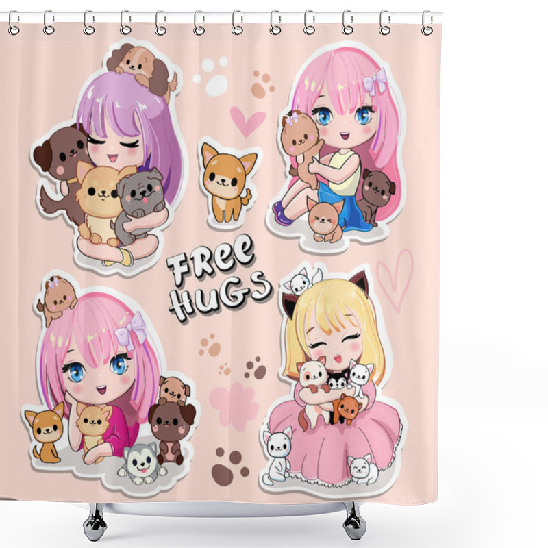 Personality  Cute Set With Cartoon Anime Girls With Little Kittens And Dogs. Fashion Patch Stickers. Vector Illustration Print In Kawaii Style For T-shirt Shower Curtains