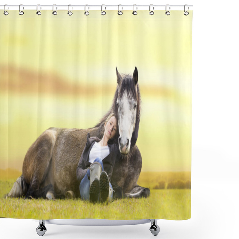 Personality  Pretty Girl And Gray Arabian Horse Lie At Sunset On  Summer Pasture Shower Curtains