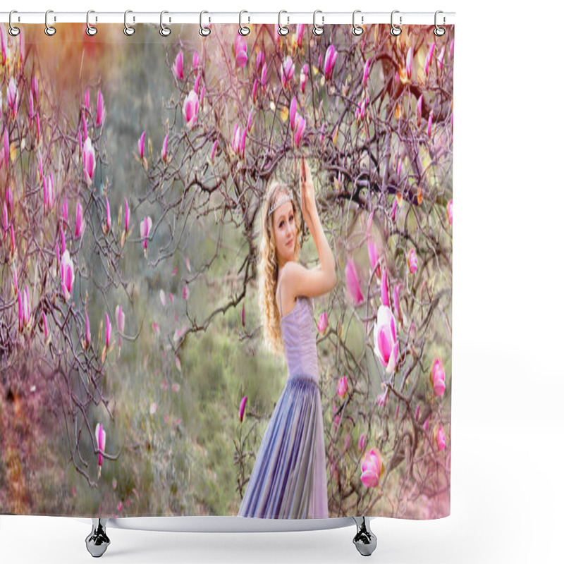 Personality  Young Beauty Blonde In A Flying Lilac Dress In The Garden Where There Are Many Flowering Trees With Pink Magnolia. Copy Space. Flowers And Floristry Concept Shower Curtains