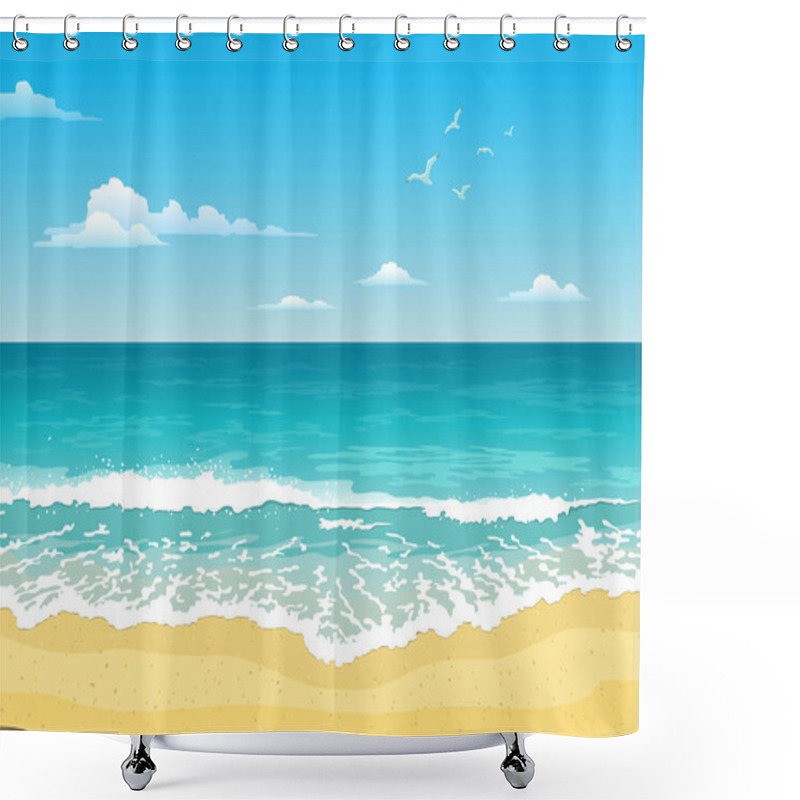 Personality  Seascape With Waves, Cloudy Sky And Seagulls. Tourism And Travelling. Natural Vector Flat Design Shower Curtains