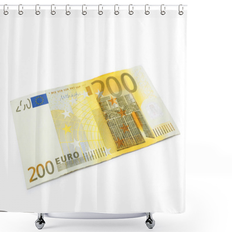 Personality  Two Hundred Euro Banknote Lying On White Background Shower Curtains