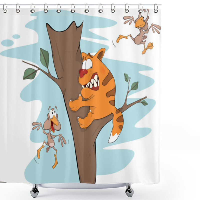 Personality  Cat On A Tree And Birds. Cartoon Shower Curtains