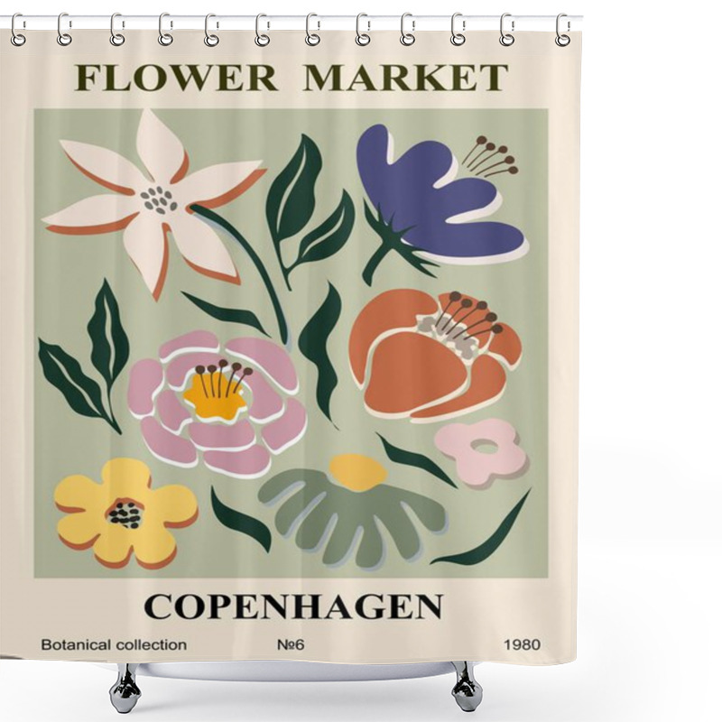 Personality  Abstract Poster Flower Market Print Copenhagen. Trendy Botanical Wall Art With Floral Design In Danish Pastel Colors. Modern Naive Groovy Hippie Interior Decoration, Painting. Vector Art Illustration. Shower Curtains