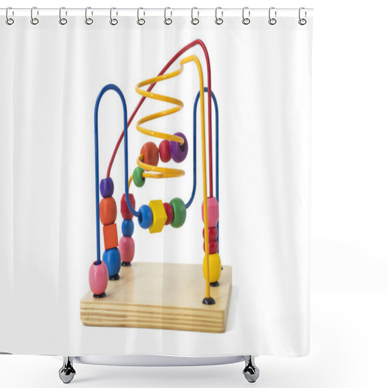 Personality  Children's Developing Toy. The Labyrinth Of Wooden Beads Isolated On White Baskground. Fine Motor Skills Shower Curtains