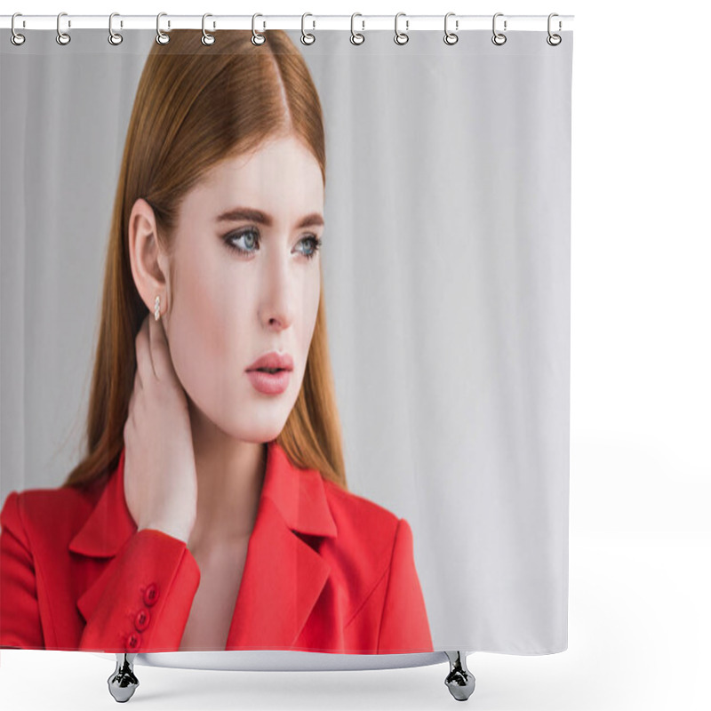 Personality  Portrait Of Young Female Fashion Model With Earrings In Jacket Isolated On Grey Shower Curtains