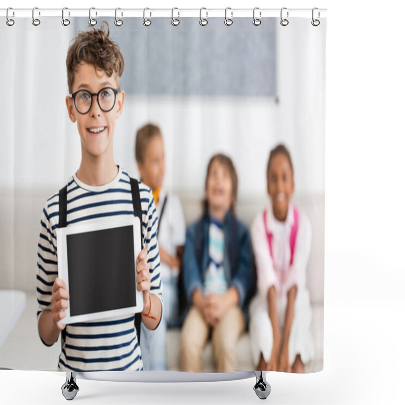 Personality  Selective Focus Of Schoolboy In Eyeglasses Showing Digital Tablet With Blank Screen In Classroom  Shower Curtains