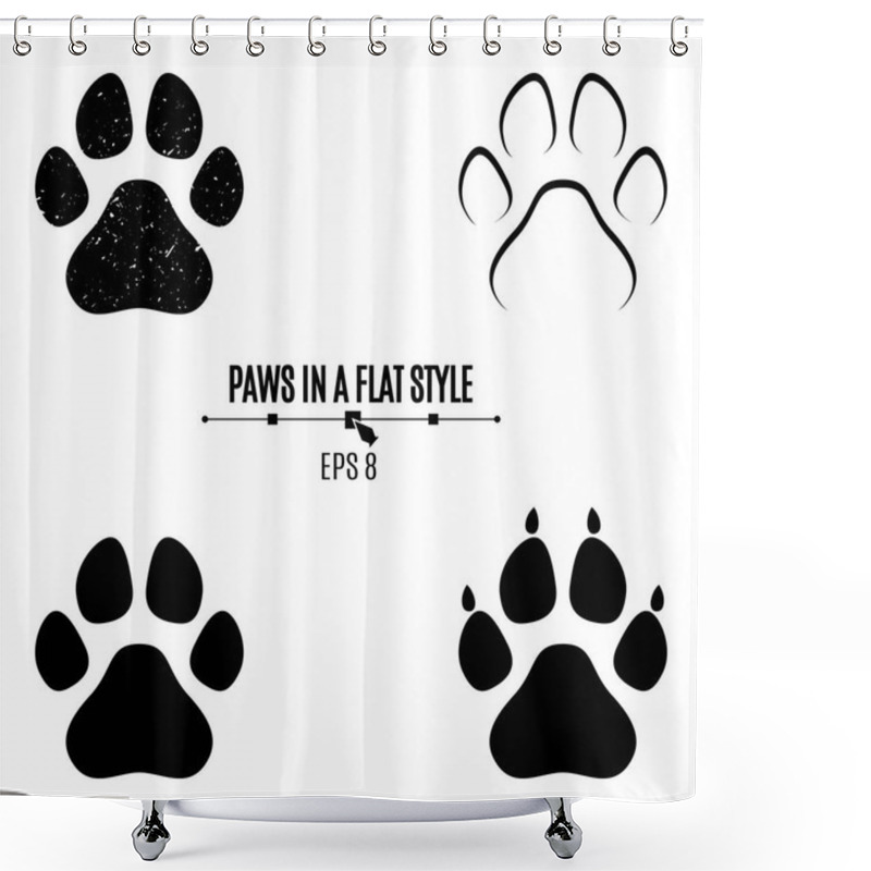 Personality  A Set Of Dog's Paws. Black Traces In Different Styles. Isolated On White Background. Silhouettes Of Paws Shower Curtains