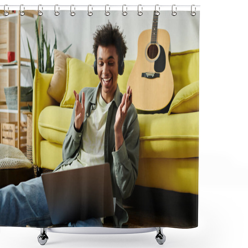 Personality  Young Man, Headphones On, Sitting On Floor. Shower Curtains