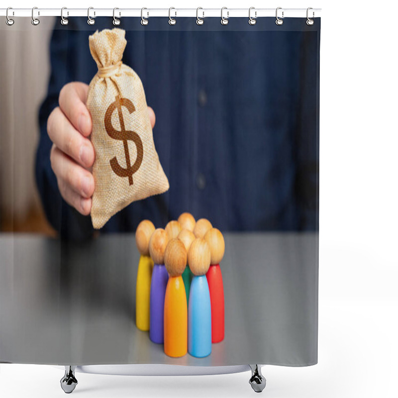 Personality  Businessman Holding Dollar Money Bag Over Group Of People Figurines. Allocation Of Budget Money For Social Projects. Preferential Loans For Entrepreneurs And Businesses. Social Support, Assistance. Shower Curtains