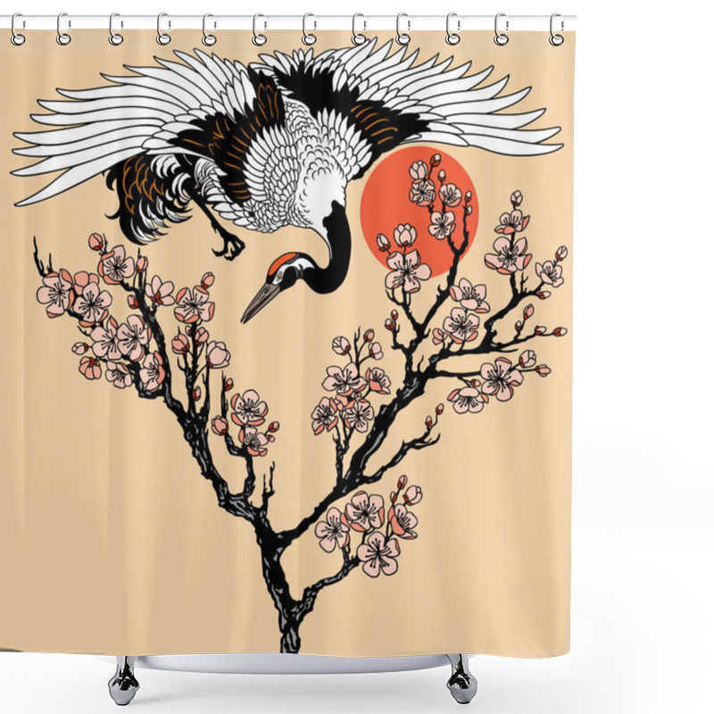 Personality  Japanese Crane With Branch Of Blooming Sakura And Red Sun. Flying Bird And Cherry Tree Flowers Blossom. Tattoo. Vector Illustration Shower Curtains