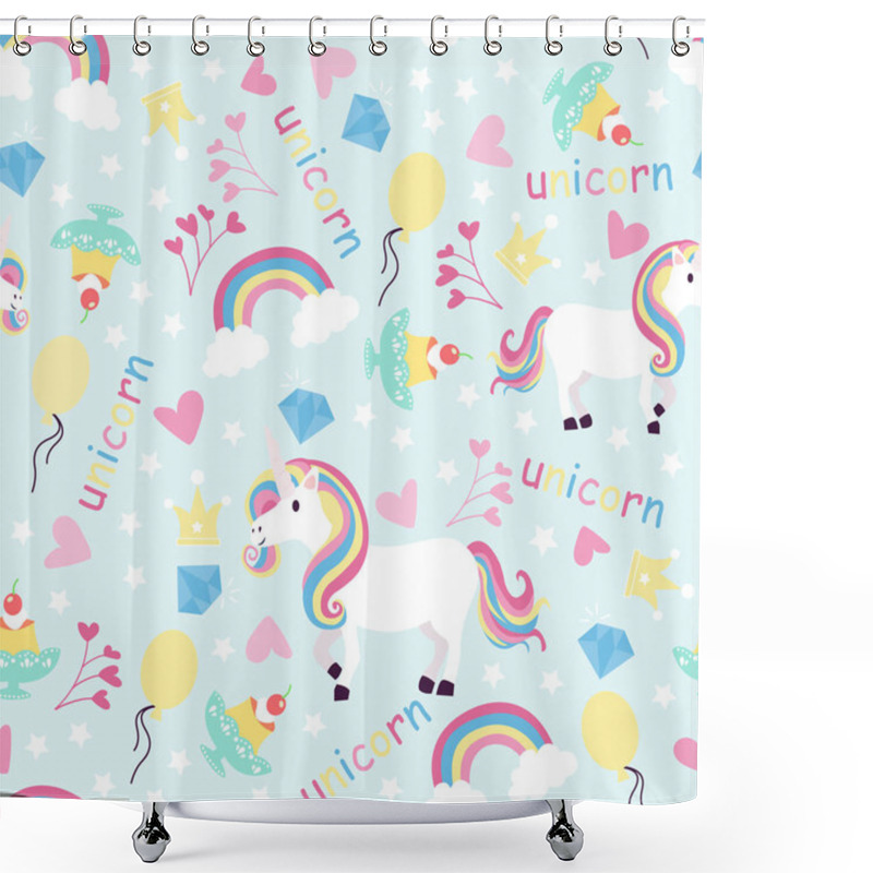 Personality  Print Unicorn Seamless Pattern Background, Happy Cute Unicorn In The Sky Between Clouds,rainbow And Flower, Cartoon Unicorn Vector Illustration For Kids Background  Shower Curtains