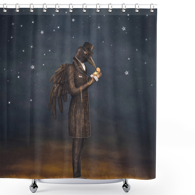 Personality  Raven At Night Looks At The Watch , Illustration Art Shower Curtains