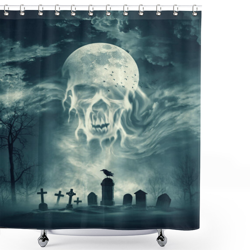 Personality  Scary Moon And Clouds Shaped As Human Skull In The Sky Above A Creepy Old Graveyard, Horror And Halloween Concept Shower Curtains